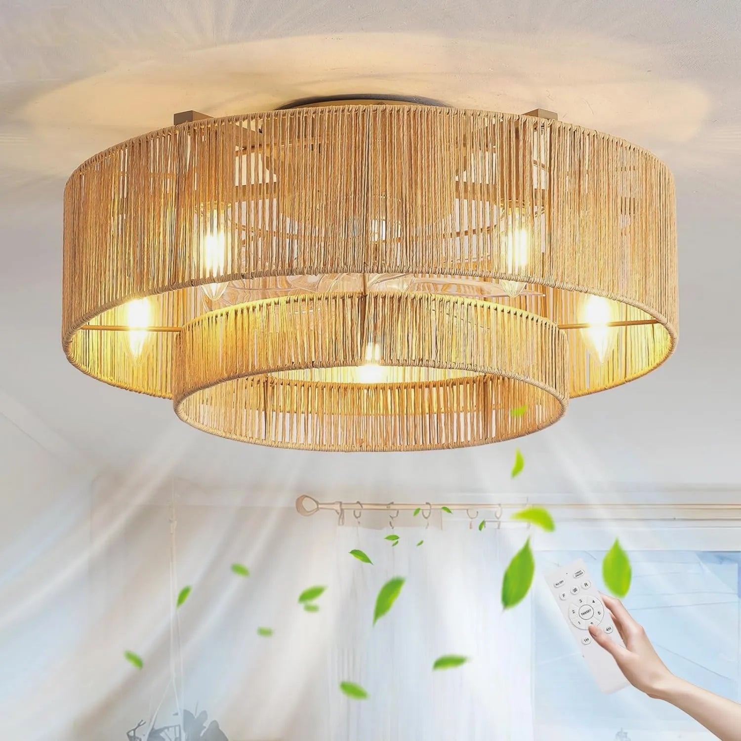 Rattan Deckenventilator mit LED-Beleuchtung und Fernbedienung, Retro Boho Design, Bambusoptik, geeignet für Schlafzimmer und Wohnzimmer