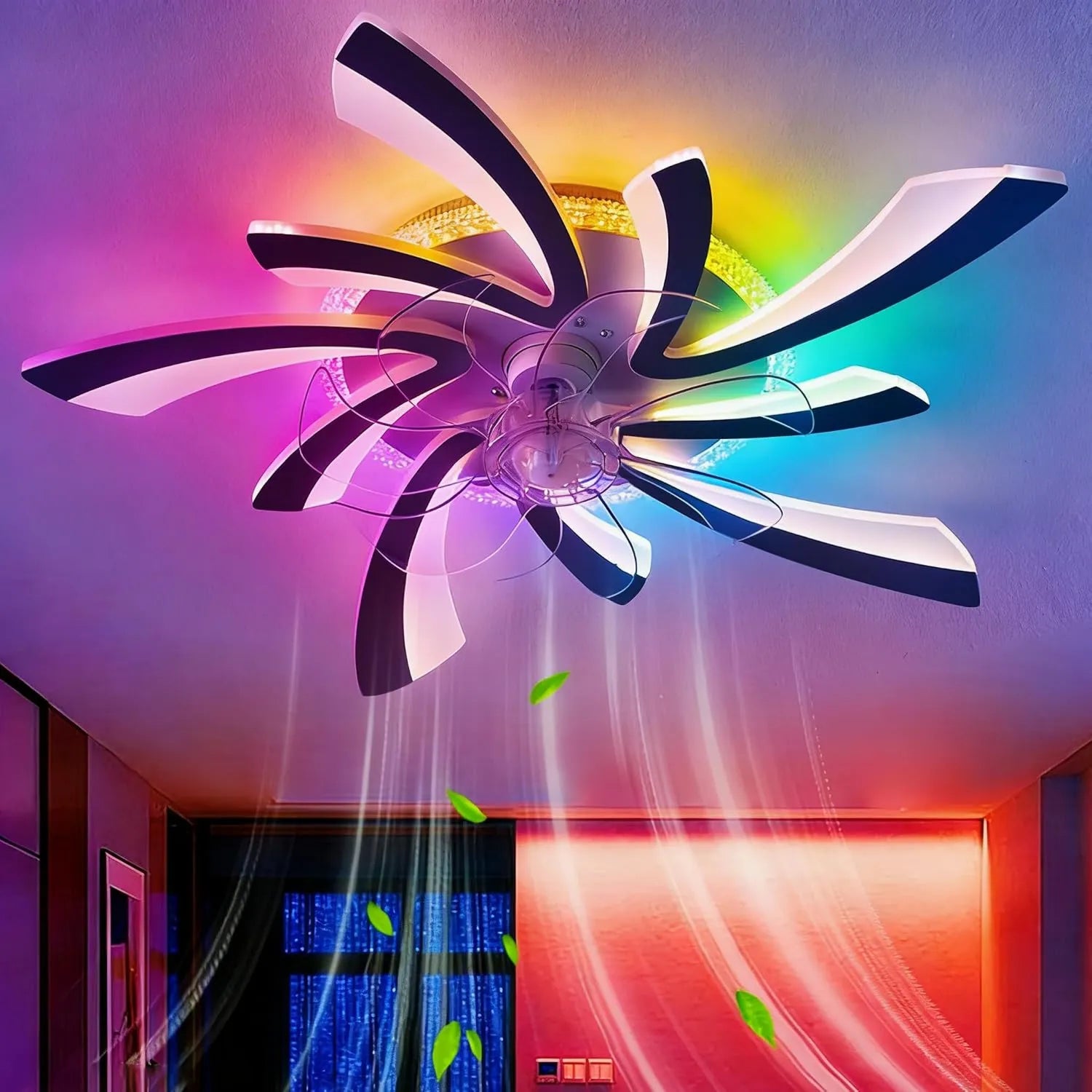 Leiser Deckenventilator mit LED-Beleuchtung und Fernbedienung, Moderne Blütenform, Dimmbar, 6 Geschwindigkeiten, DC-Motor, Schwarz