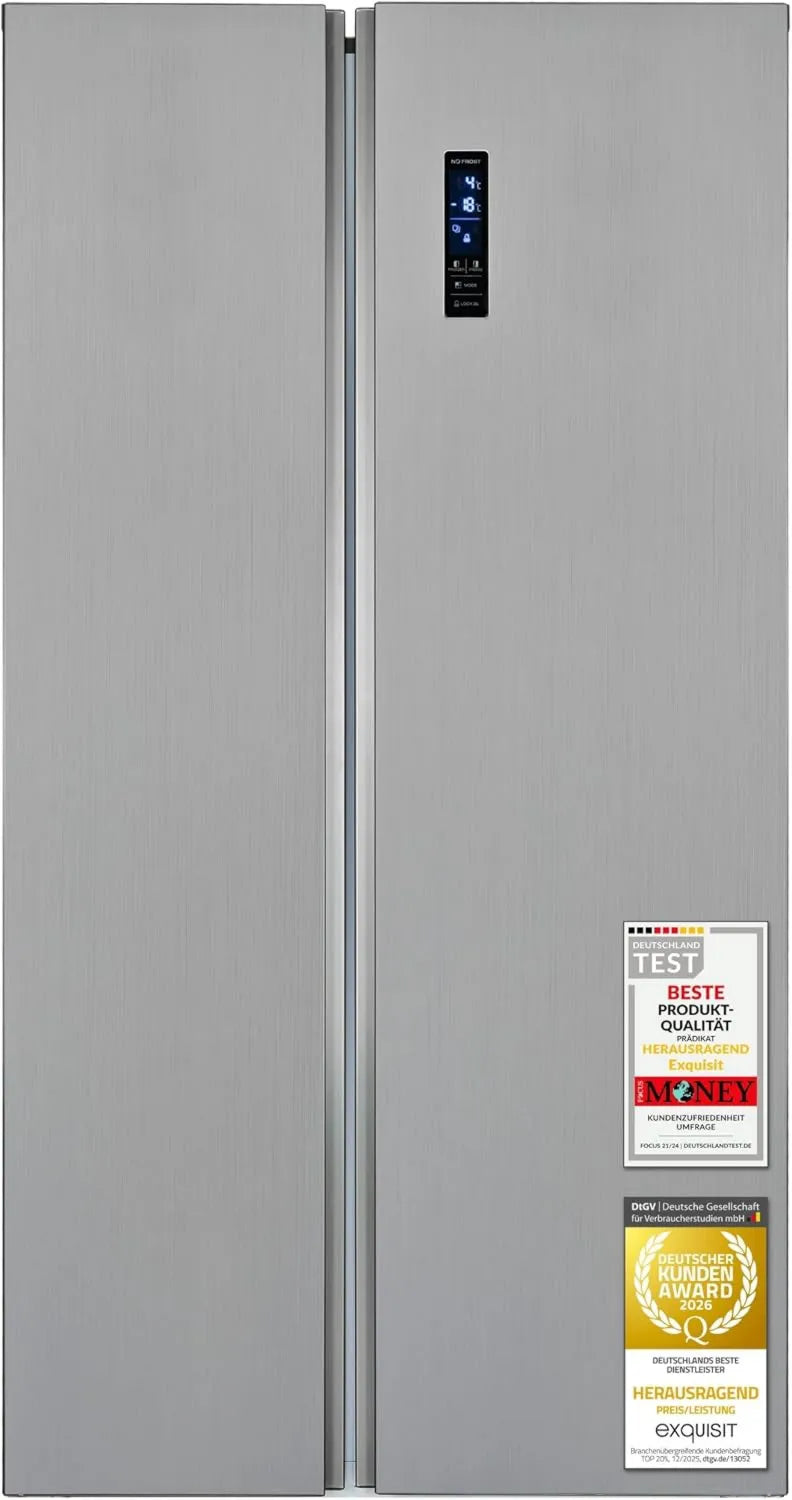Exquisit SBS546-040E Side-by-Side Kühlschrank Inox-Look, No Frost, 442 L, Temperaturkontrolle, Alarmfunktion