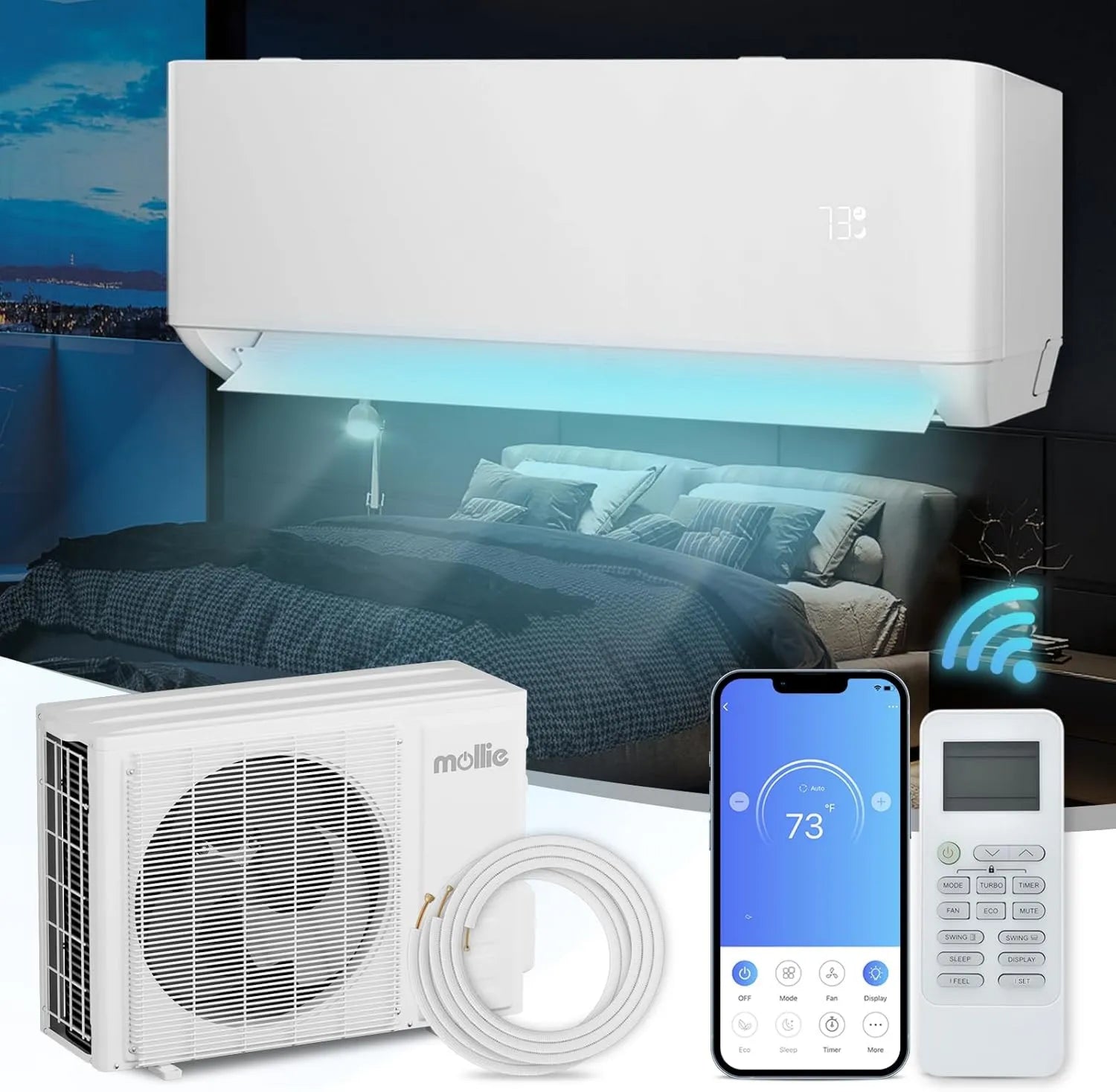 Mollie 9000 BTU Split-Klimaanlage, Wandmontage, 115V, 22 SEER2, inkl. Heizsystem und Wärmepumpe, waschbare Filter, WLAN-fähig