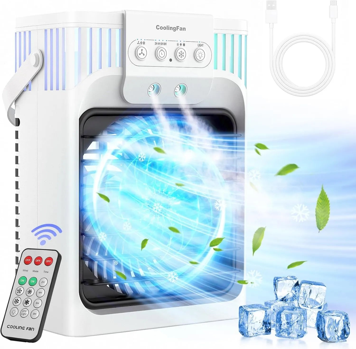 Tragbare 5-in-1 Klimaanlage mit Fernbedienung, 1200ml, 3 Geschwindigkeiten und 3 Nebelmodi, 7-farbiges LED-Licht, 2-8H Timer
