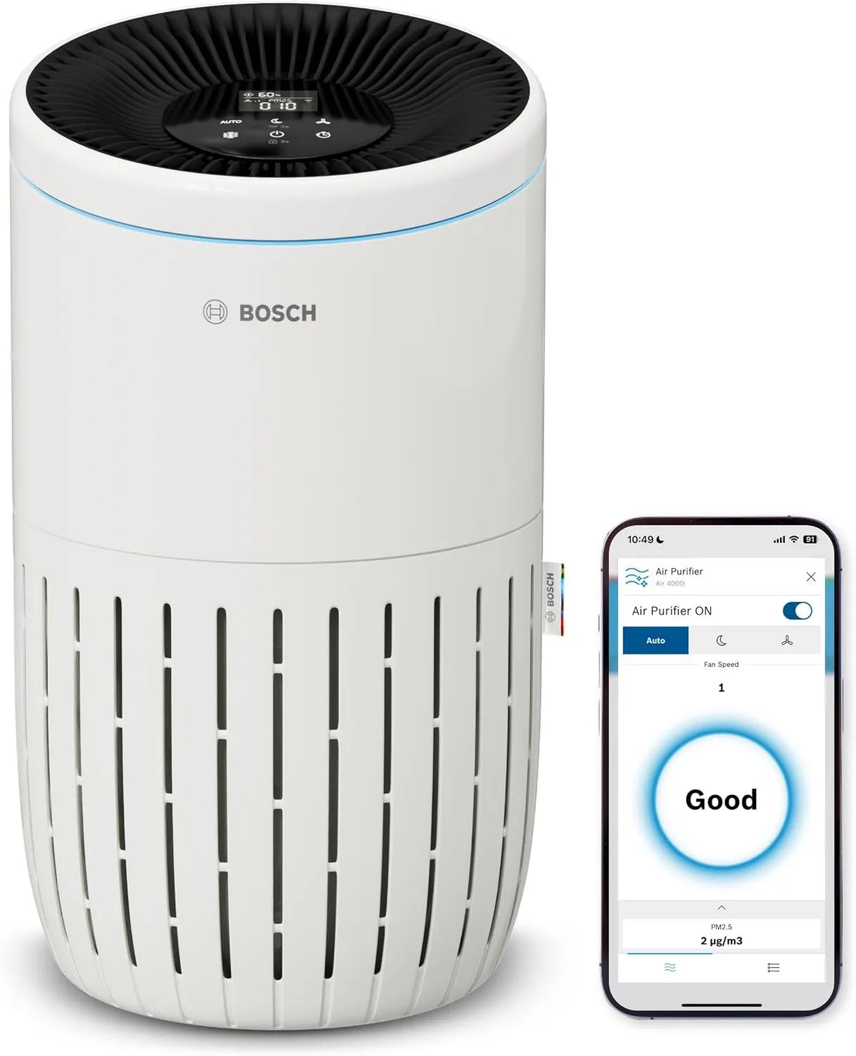 Bosch Luftreiniger 4000i mit App-Steuerung - Effektiv für Räume bis 62,5 m² - Beseitigt Schadstoffe - 3-in-1 Filter, intelligenter Sensor, Automatik- und Ruhemodus (< 25 dB(A)) - CADR: 300 m³/h