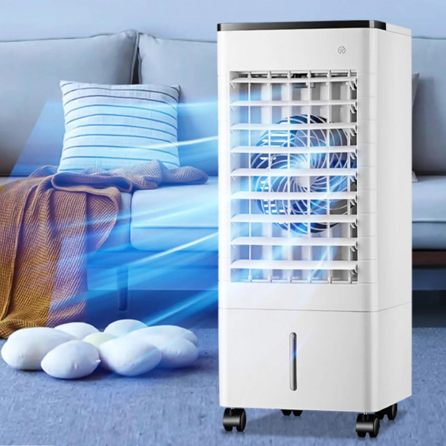 Mobiler Verdunstungskühler mit 9L Tank und 15h Timer, leise Klimaanlage ohne Abluftschlauch, Ventilator und Luftbefeuchter für Zuhause