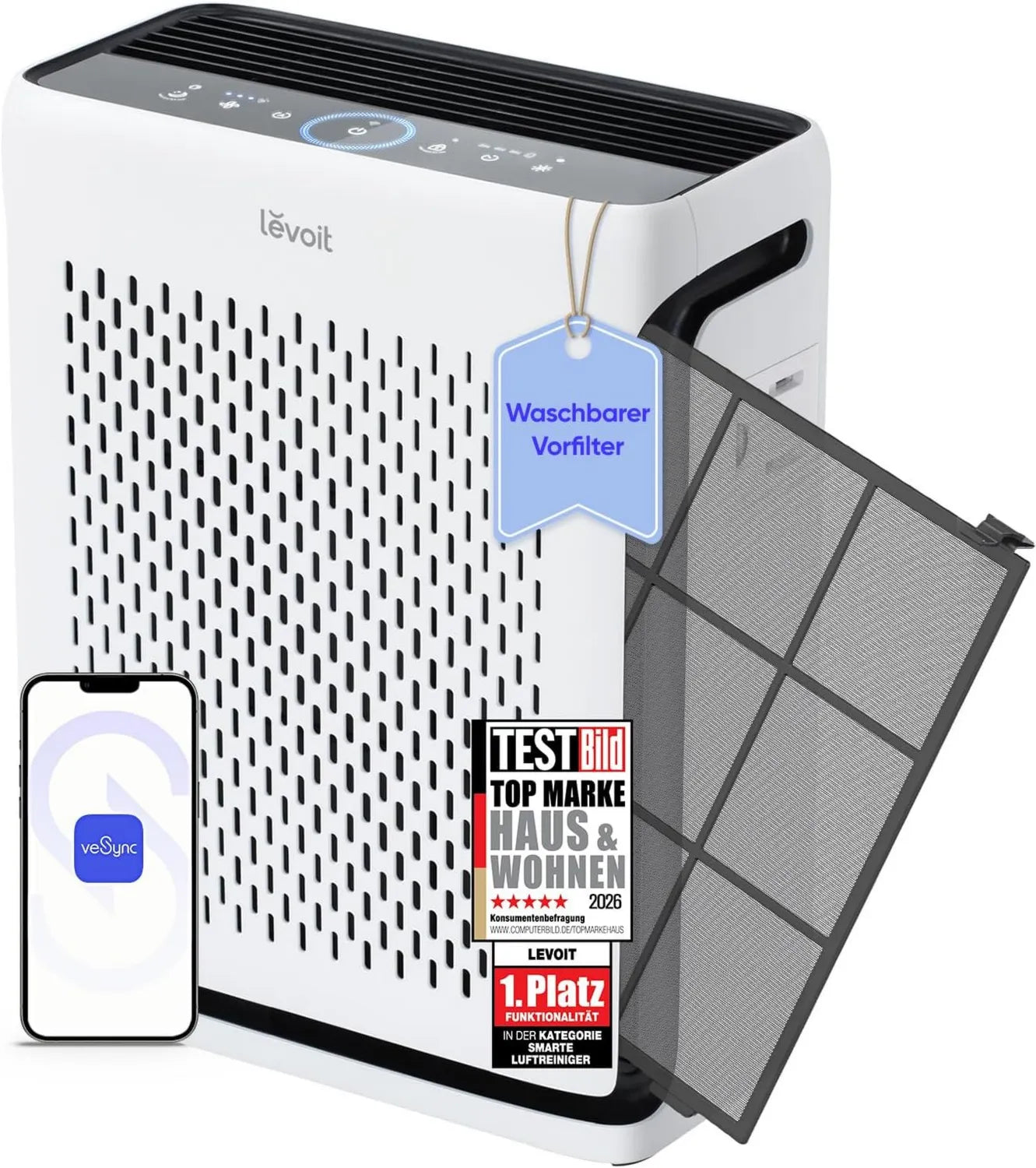 Levoit Vital 100S HEPA Raumluftreiniger für Allergiker, CADR 243 m³/h, leiser Betrieb, HEPA- und Aktivkohlefilter, PM2.5 Sensor, App-Steuerung, Alexa-kompatibel, gegen Staub, Pollen, Rauch, Gerüche, bis 52㎡, Mondweiß