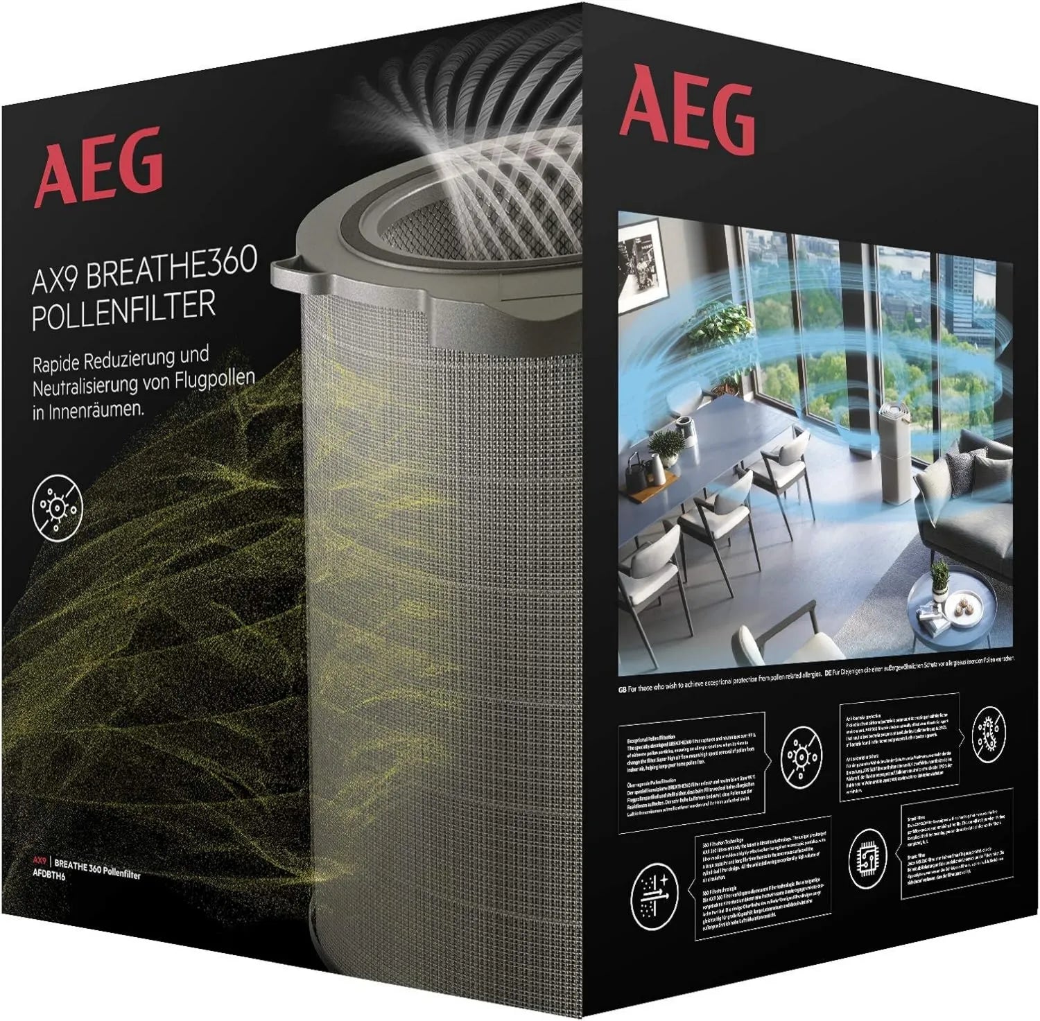 AEG BREATHE360 Filter für AX91 Luftreiniger, Reduziert Pollen und Bakterien um 99%, Optimale Luftfiltration, Lange Lebensdauer, Grau