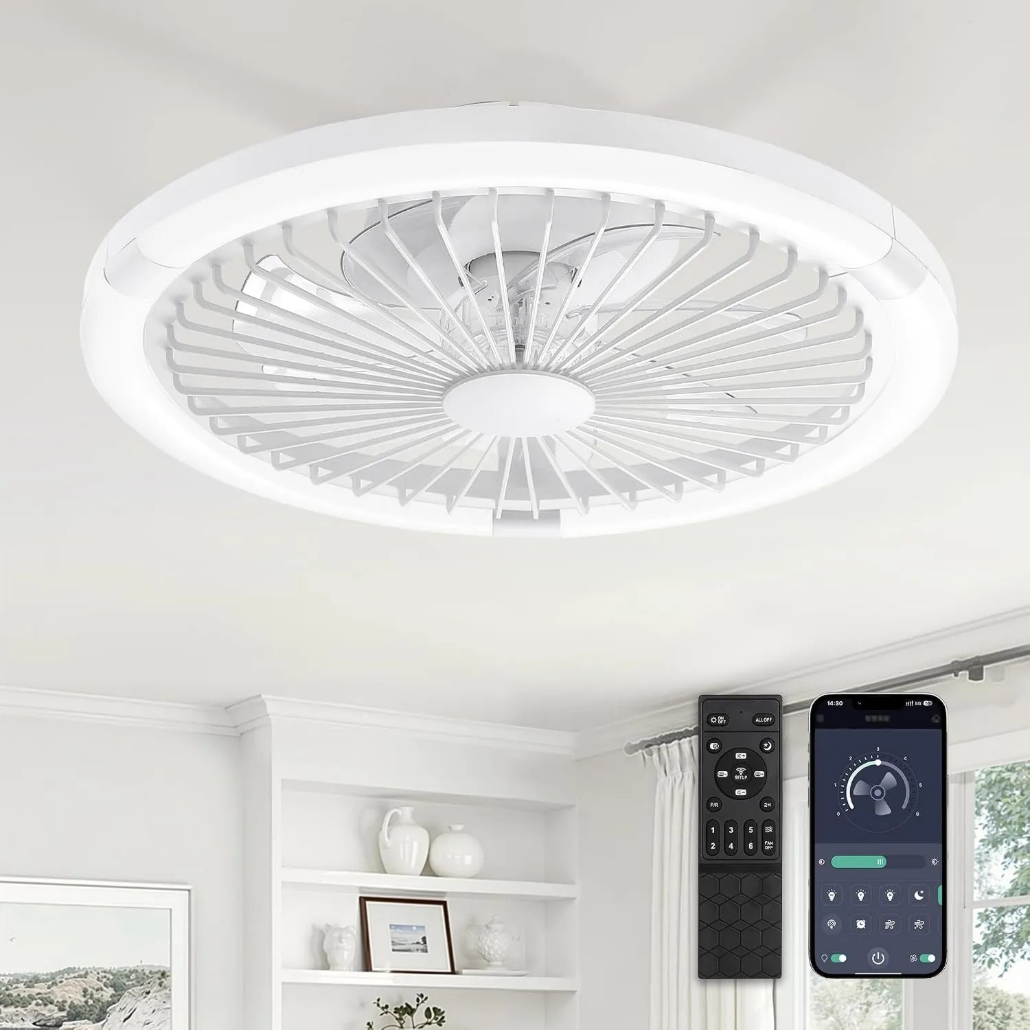 Moderner Deckenventilator mit LED-Licht und Fernbedienung, 50cm, leise, energiesparend, für Schlafzimmer, Weiß