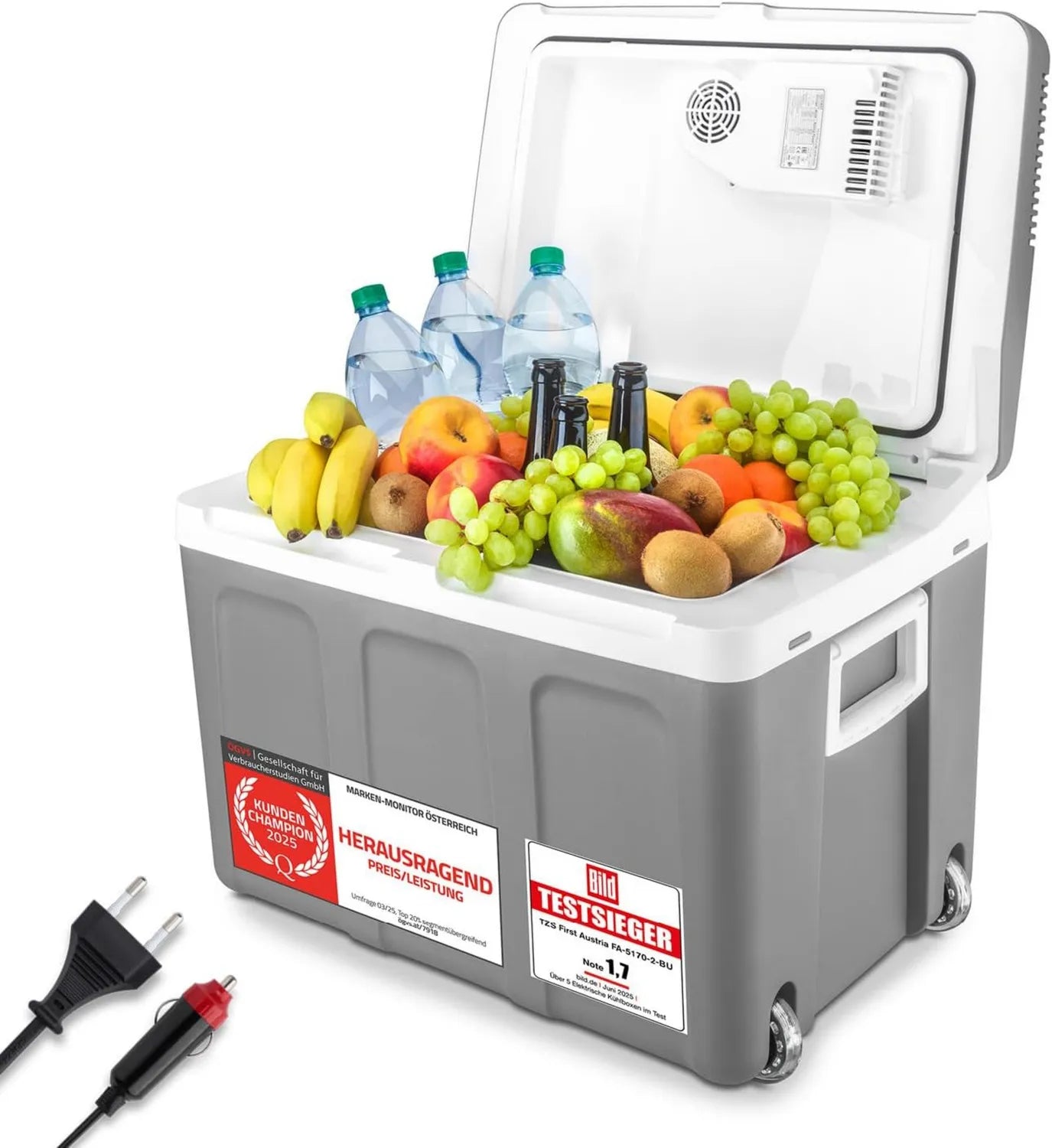 45L Elektrische Kühlbox mit 12V/230V Anschluss, Mobiler Thermoelektrischer Kühlschrank mit Rollen, Grau - Ideal für Auto, Camping und Festivals