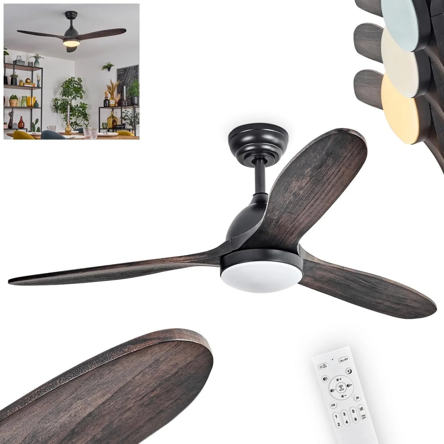 LED Deckenventilator mit Fernbedienung, dimmbare Lampe, Metall/Holz, Schwarz/Mahagoni, 6 Geschwindigkeiten, CCT Funktion, für Wohnzimmer, Schlafzimmer, Büro