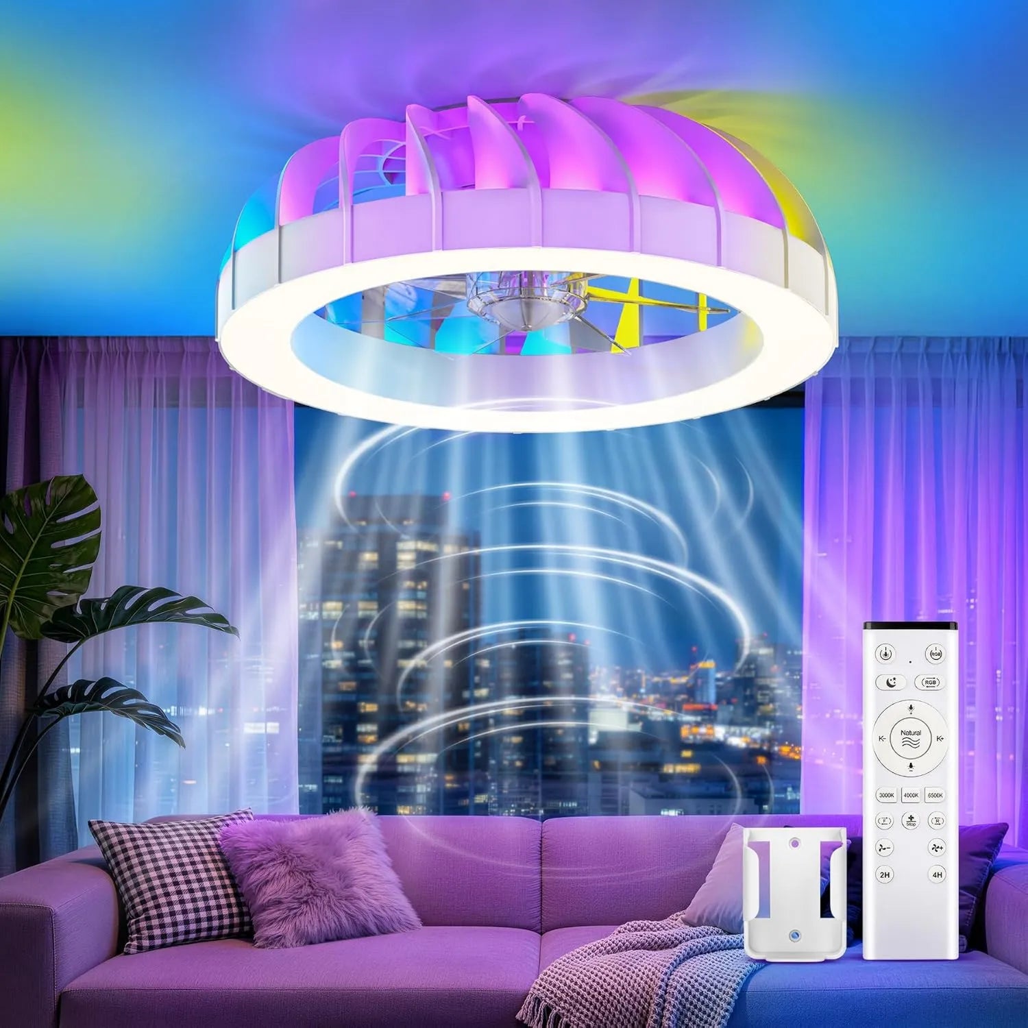 Deckenventilator 46cm mit LED-Beleuchtung, RGB und Fernbedienung, leise, 6 Geschwindigkeiten, dimmbar für Schlafzimmer und Wohnzimmer