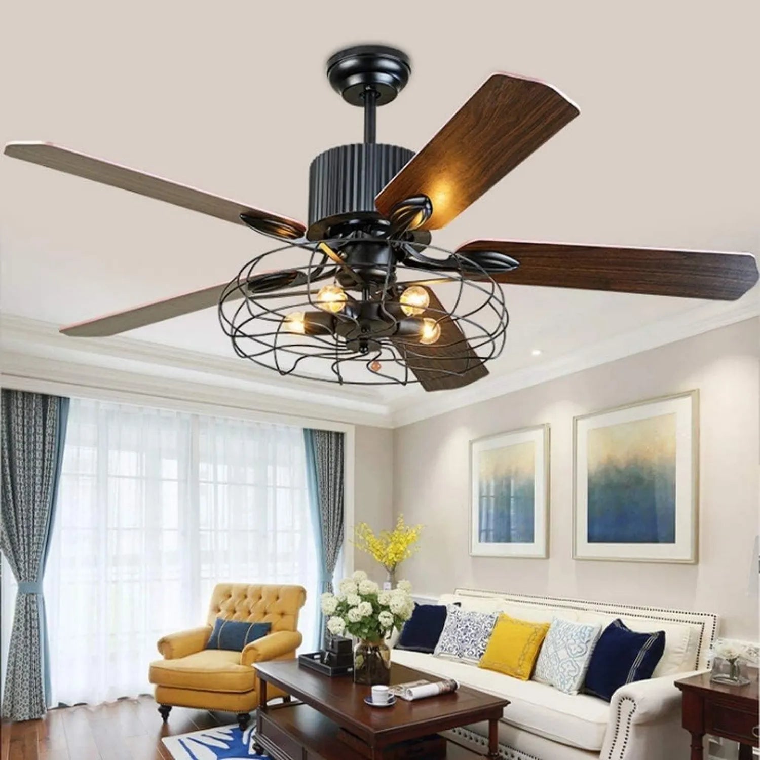 Retro Deckenventilator mit LED-Beleuchtung und Fernbedienung, dimmbar, leise, für Wohnzimmer, Schlafzimmer oder Esszimmer