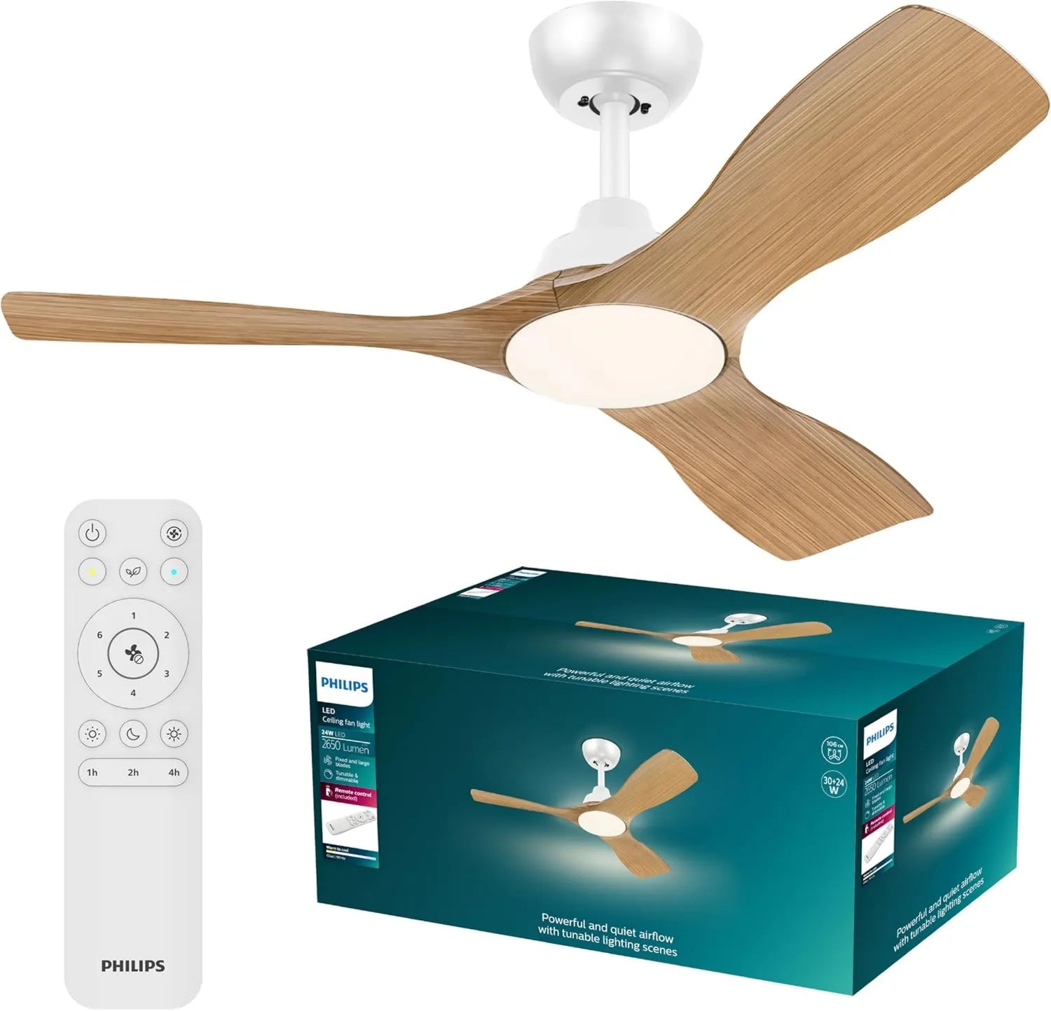 PHILIPS Deckenventilator mit LED, 3 Flügel, 106 cm, dimmbar, einstellbares Licht, inkl. Fernbedienung, modern, Weiß/Holz