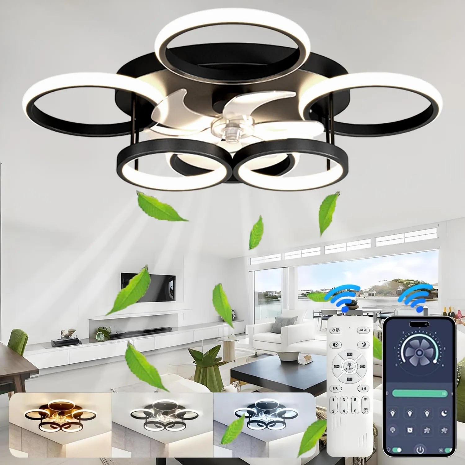 Leiser Deckenventilator mit LED-Beleuchtung und App-Steuerung, 72W, 6-Gang, Timer, Schwarz