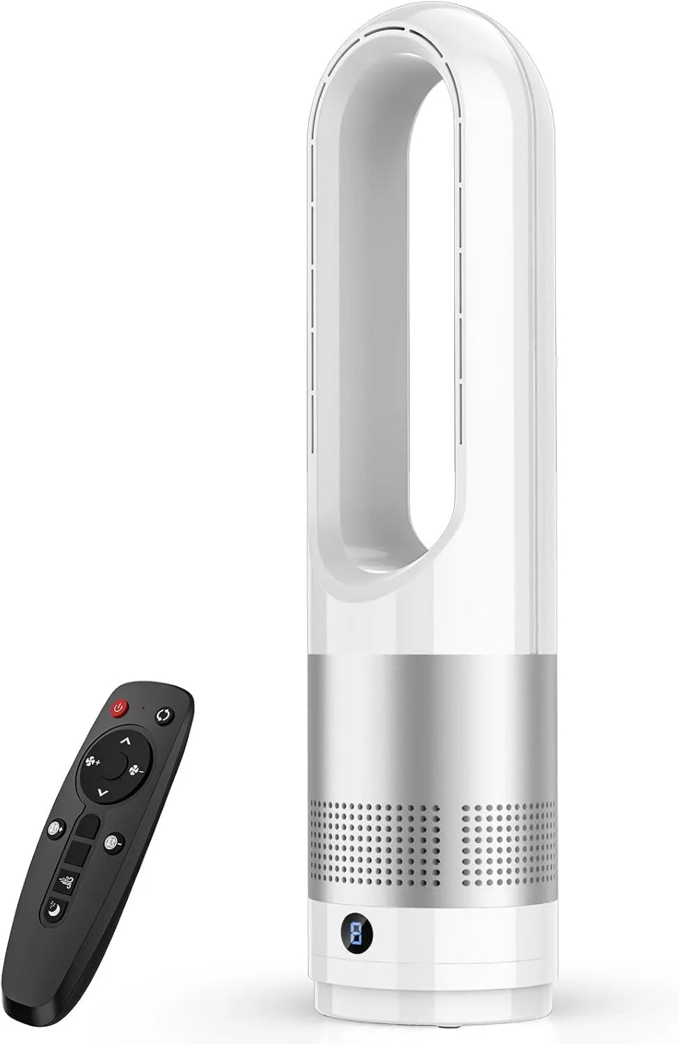 Leiser Turmventilator mit Fernbedienung, 80° Oszillation, 8-Stunden-Timer, Sicher und Blattlos für Schlafzimmer (Silber)