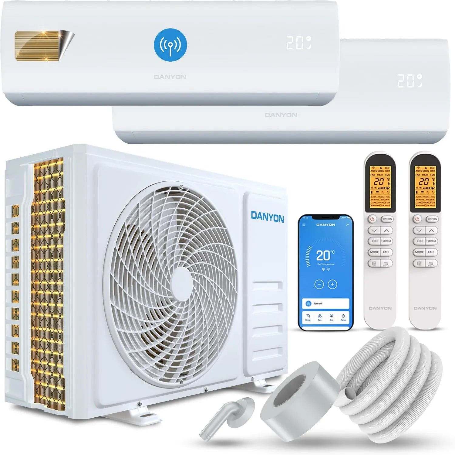 Danyon Multisplit Klimaanlage mit 2 Innengeräten - 18000 BTU, 5,2 kW, leise & energieeffizient, Smart Home, Inverter mit Heizfunktion, WiFi & App-Steuerung, vorgefüllt mit R32