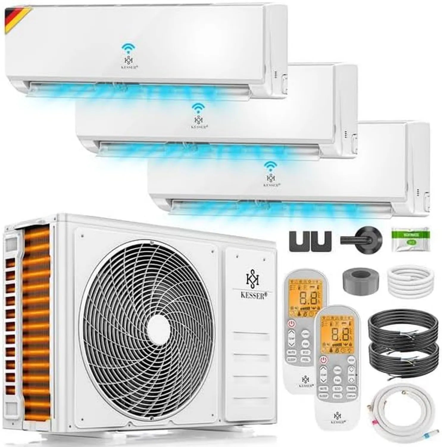 KESSER® Multisplit Klimaanlage mit 3 Innenmodulen, 27000 BTU, WiFi/App-Steuerung, Heizen & Kühlen, Inverter-Technologie, Eco-Modus, Entfeuchter & Ventilator, flüsterleise, R32, inkl. Montagezubehör