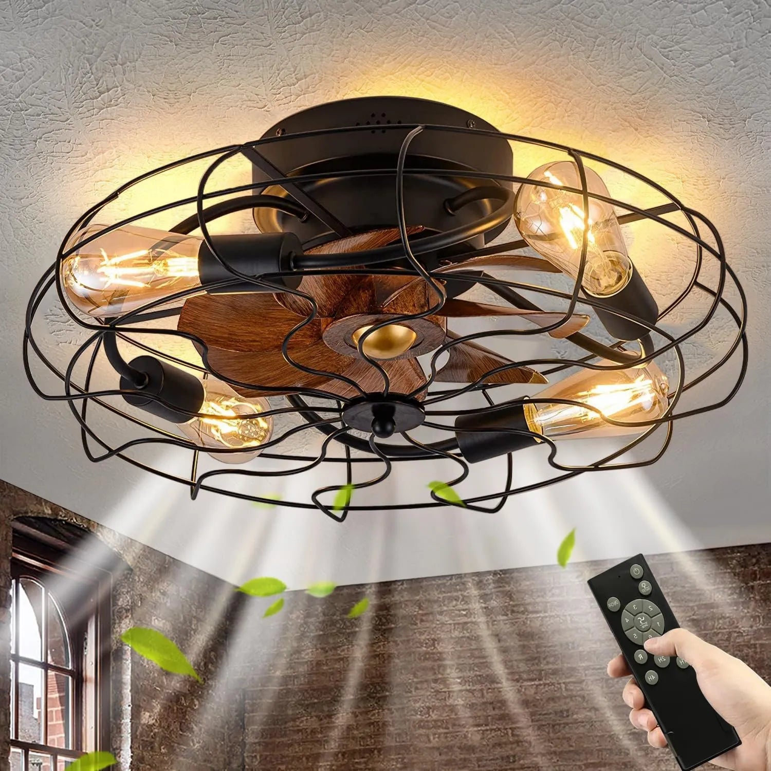 Retro Deckenventilator mit LED Licht und Fernbedienung, Vintage Industrie-Stil für Schlafzimmer, Wohnzimmer und Küche, Schwarz