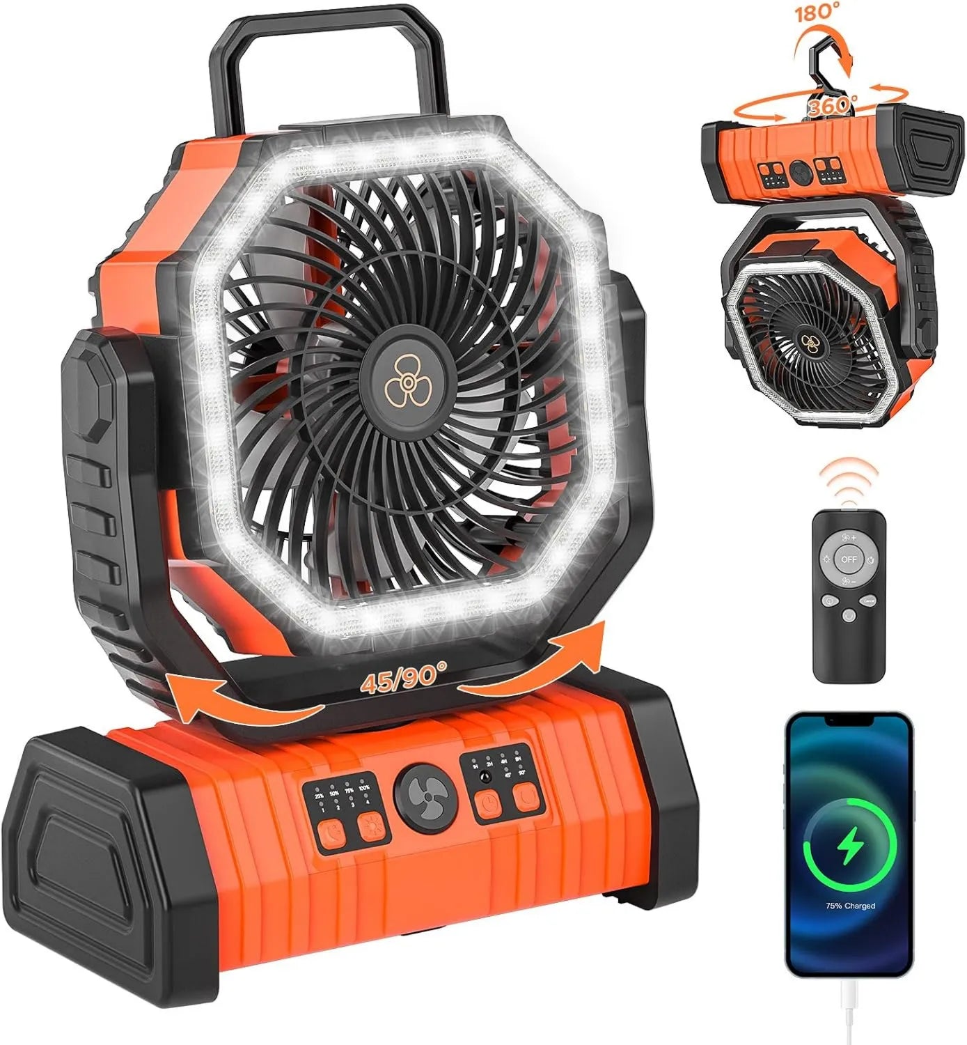 Tragbarer Camping-Ventilator mit LED-Lampe und 20.000 mAh Akku, oszillierend, inkl. Fernbedienung und Timer, ideal für Stromausfälle