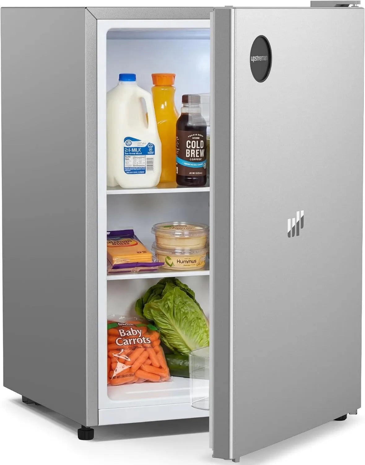 Upstreman 71L Kompaktkühlschrank, 7-stufige Temperaturkontrolle 1-10°C, LED-Licht, Energiesparend, Leise 40 dB, Ideal für Schlafzimmer, Büro und Küche - Silber