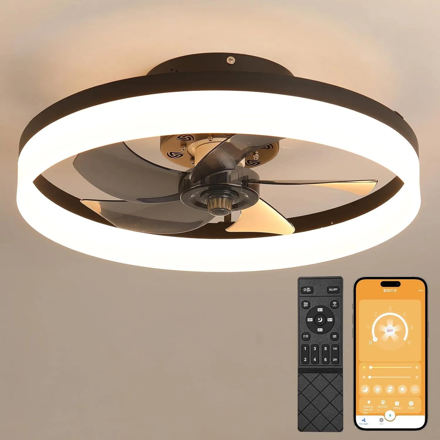Moderner Deckenventilator mit LED-Beleuchtung und Fernbedienung, Dimmbar, 3 Lichtfarben, 6 Geschwindigkeiten, Geräuscharm, Schwarz, 50 cm