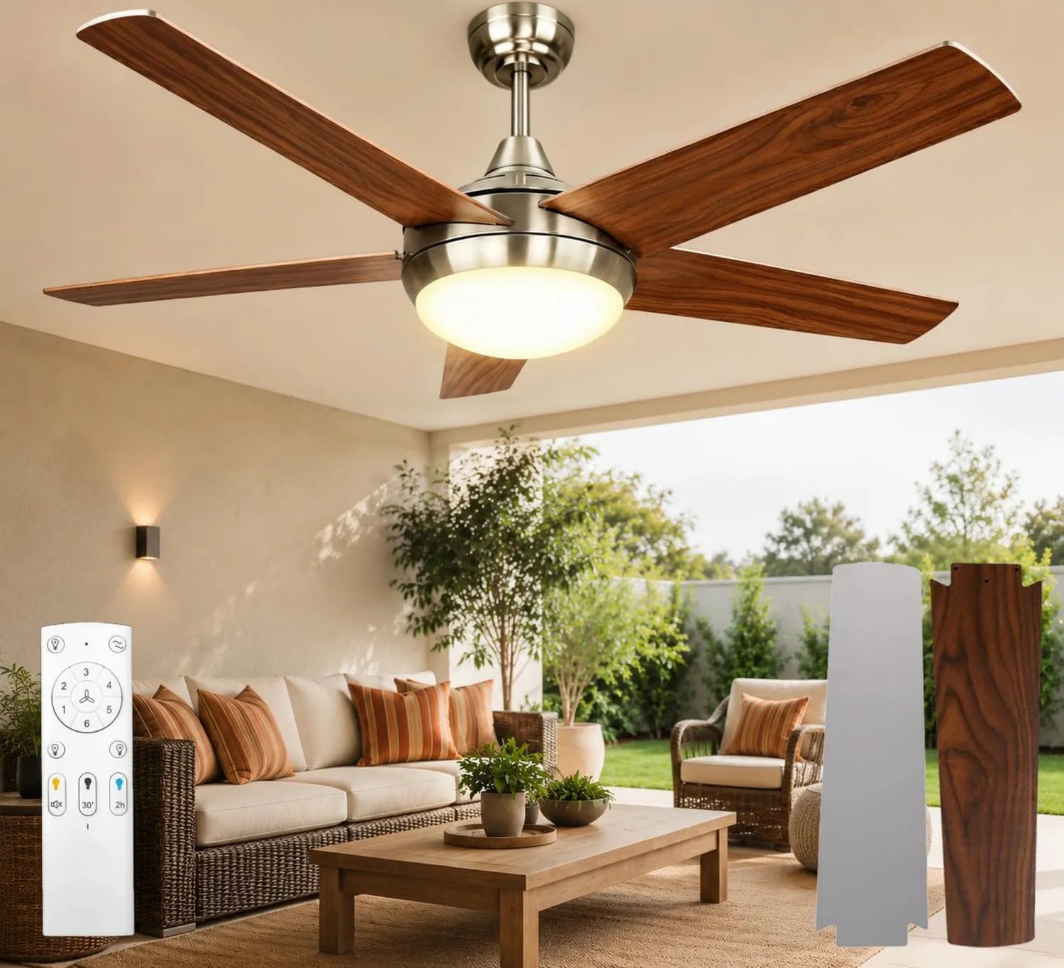 Leiser Deckenventilator mit dimmbarer LED, 132 cm, 5 Flügel, Fernbedienung, 6 Geschwindigkeiten, Timer, ideal für Wohn- und Schlafräume