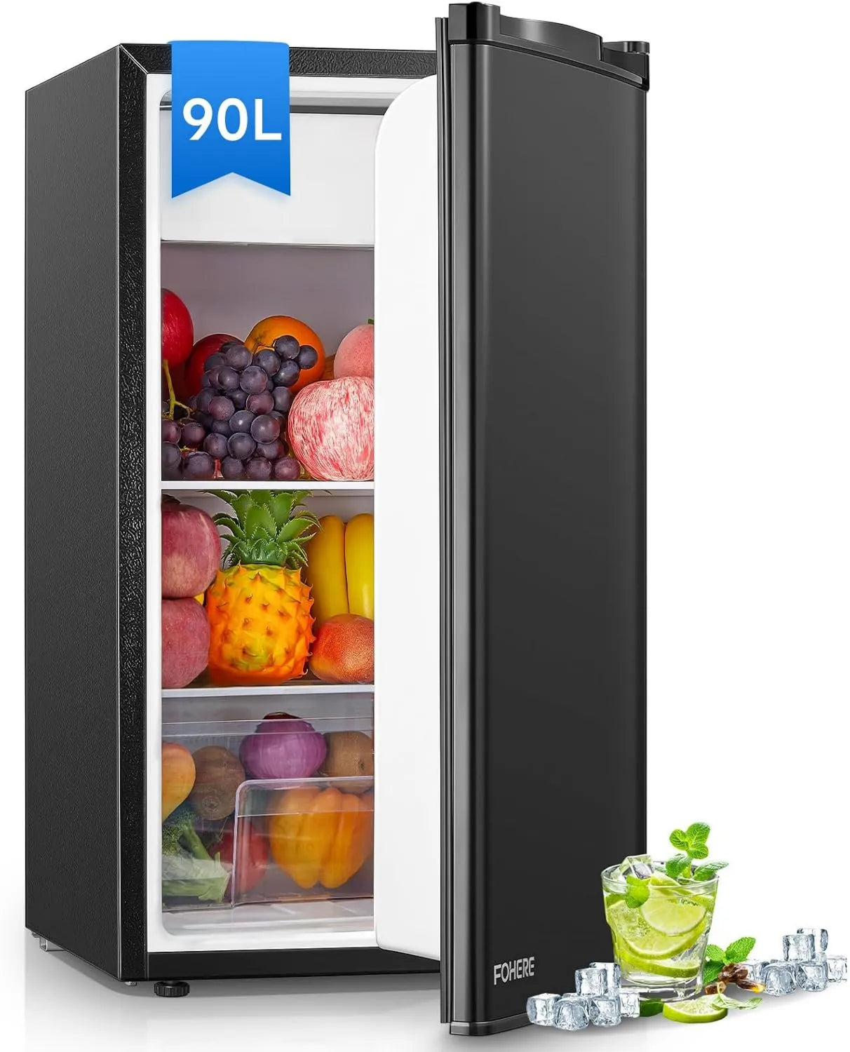 FOHERE 90L Mini-Kühlschrank mit Gefrier- und Gemüsefach, leise & energiesparend, 7-stufiges Thermostat, ideal für Schlafzimmer und Büro, Schwarz