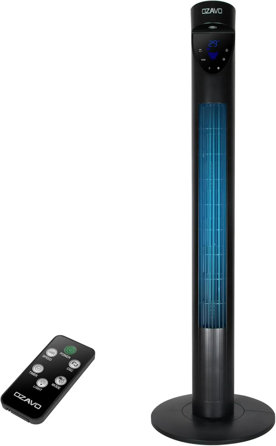 Leiser Turmventilator mit Fernbedienung und Timer, Oszillierender Standventilator, 3 Geschwindigkeiten und Modi, 50W, Schwarz, 97.5 cm