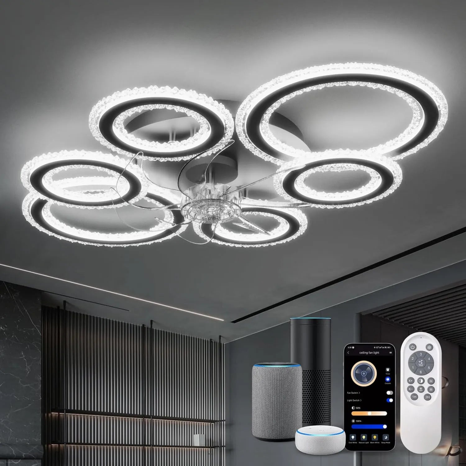 Smart Deckenventilator mit dimmbarer LED, Bluetooth Steuerung, 6-Ring Design, inkl. Fernbedienung, Schwarz