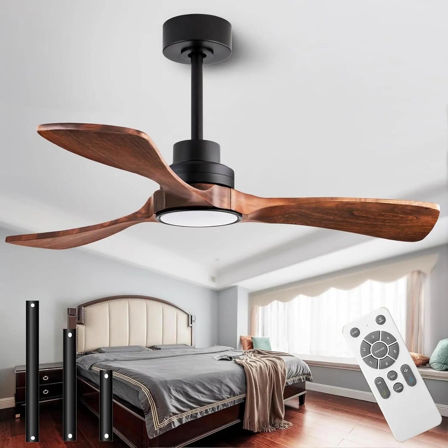 Deckenventilator 106cm mit LED-Beleuchtung, Fernbedienung & 3 Holzflügeln, Leiser DC-Motor, Dimmbar in 3 Stufen, 6 Geschwindigkeiten, Timerfunktion, Ideal für Wohn- und Schlafzimmer