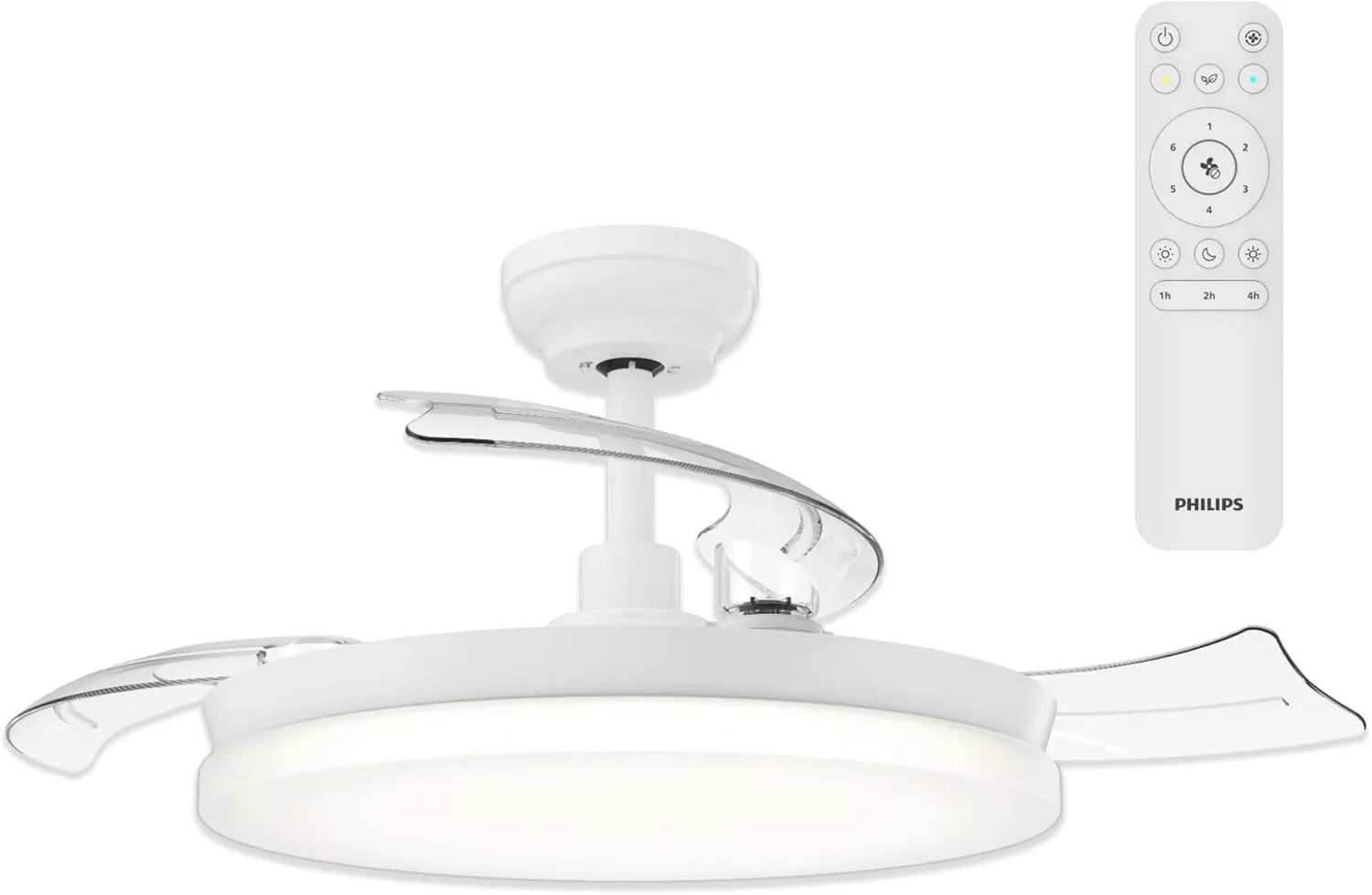 Philips Deckenventilator mit LED, einziehbare Flügel, 106 cm Spannweite, 4500 Lumen, 3 Farbtemperaturen, dimmbar, inklusive Fernbedienung, Weiß