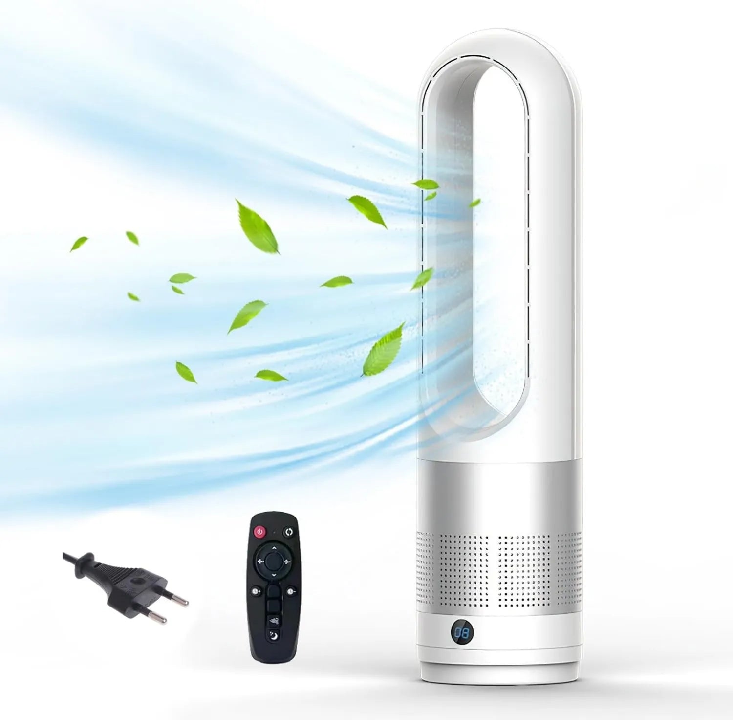 Leiser Turmventilator 18 Zoll mit Luftreiniger und Fernbedienung, 8 Stufen, 80° Oszillation, 8-Stunden-Timer, LED-Display, ohne Rotorblätter, ideal für Schlafzimmer und Büro, Farbe Silber