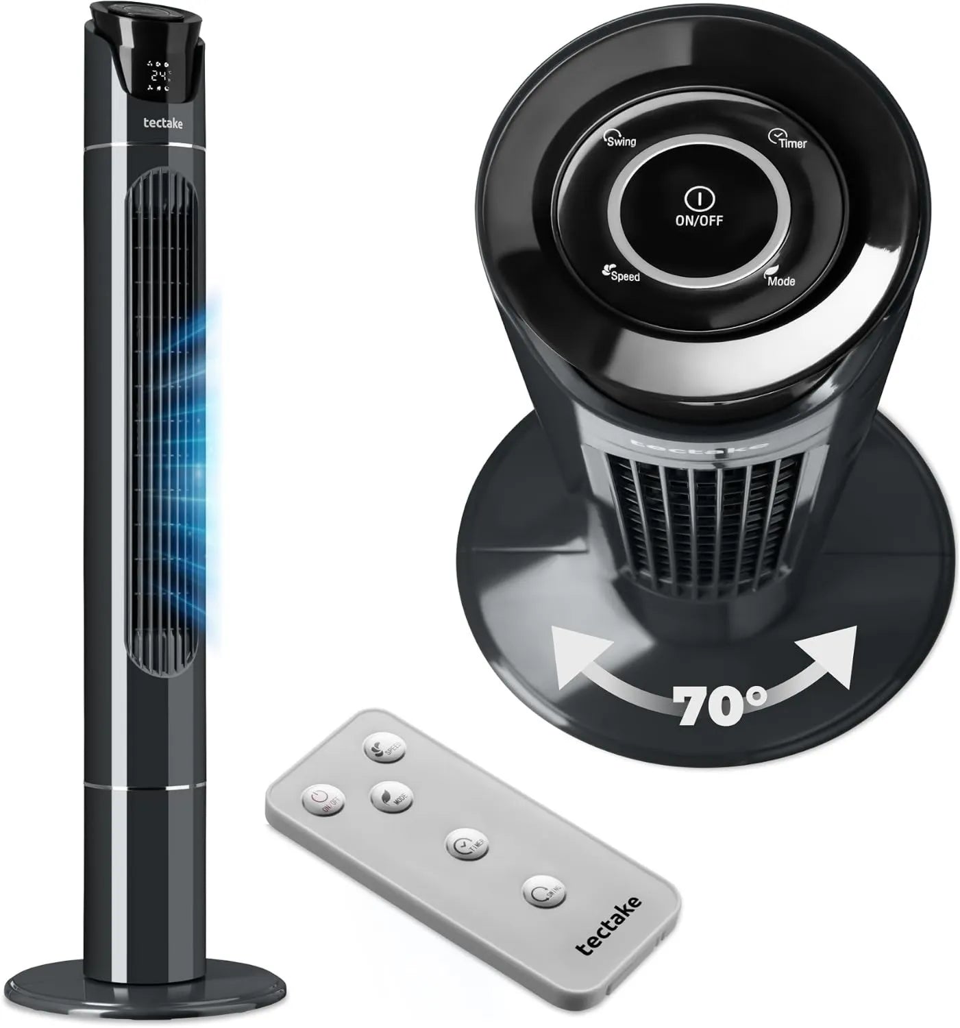 Tectake® Turmventilator mit Fernbedienung, 110 cm, leiser Standventilator mit Timer und 3 Geschwindigkeiten, oszillierend, mobiles Klimagerät - Anthrazit