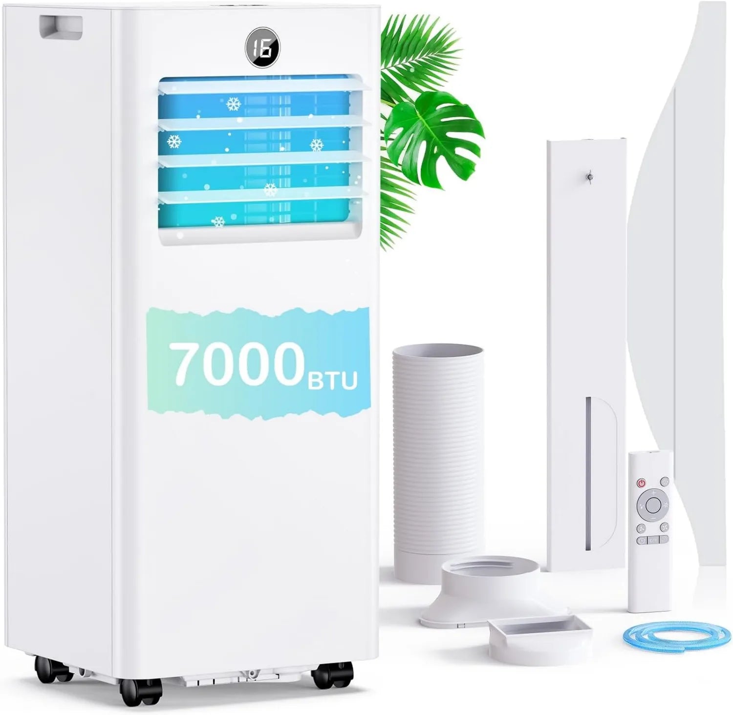 Mobiles Klimagerät 7000 BTU, 4-in-1: Kühlen, Lüften, Entfeuchten, Schlafmodus, mit Abluftschlauch, Digitalanzeige, Fernbedienung, 24-Stunden-Timer, 360°-Rollen, Fensterset inklusive