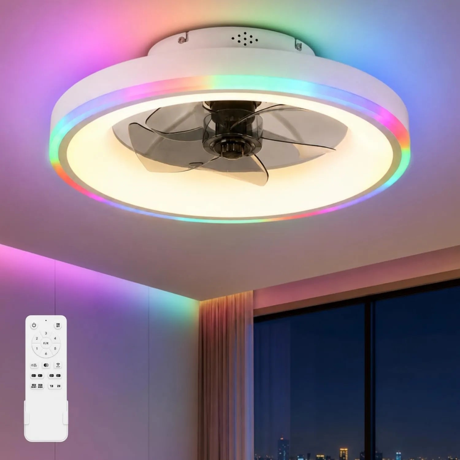 Leiser Deckenventilator mit RGB-Beleuchtung, 60CM, Fernbedienung, 6 Geschwindigkeiten, dimmbar, Timer, für Schlafzimmer, Weiß