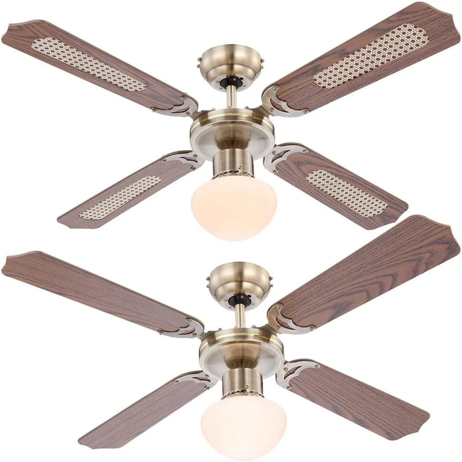 Moderner LED Deckenventilator mit Fernbedienung, Eichenholzoptik, 3 Geschwindigkeitsstufen, Glas in Altmessing, 9W LED 810Lm, Durchmesser 106 cm
