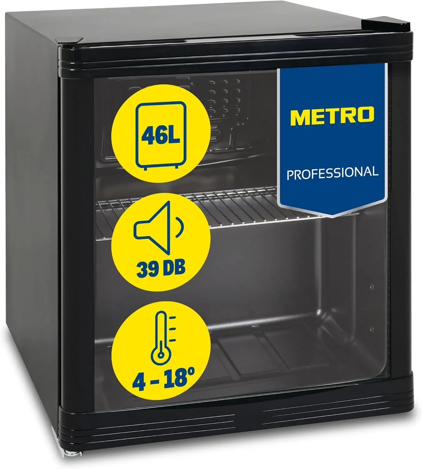 Kompakter METRO Professional Kühlschrank aus Edelstahl und Glas, 46L, Schwarz