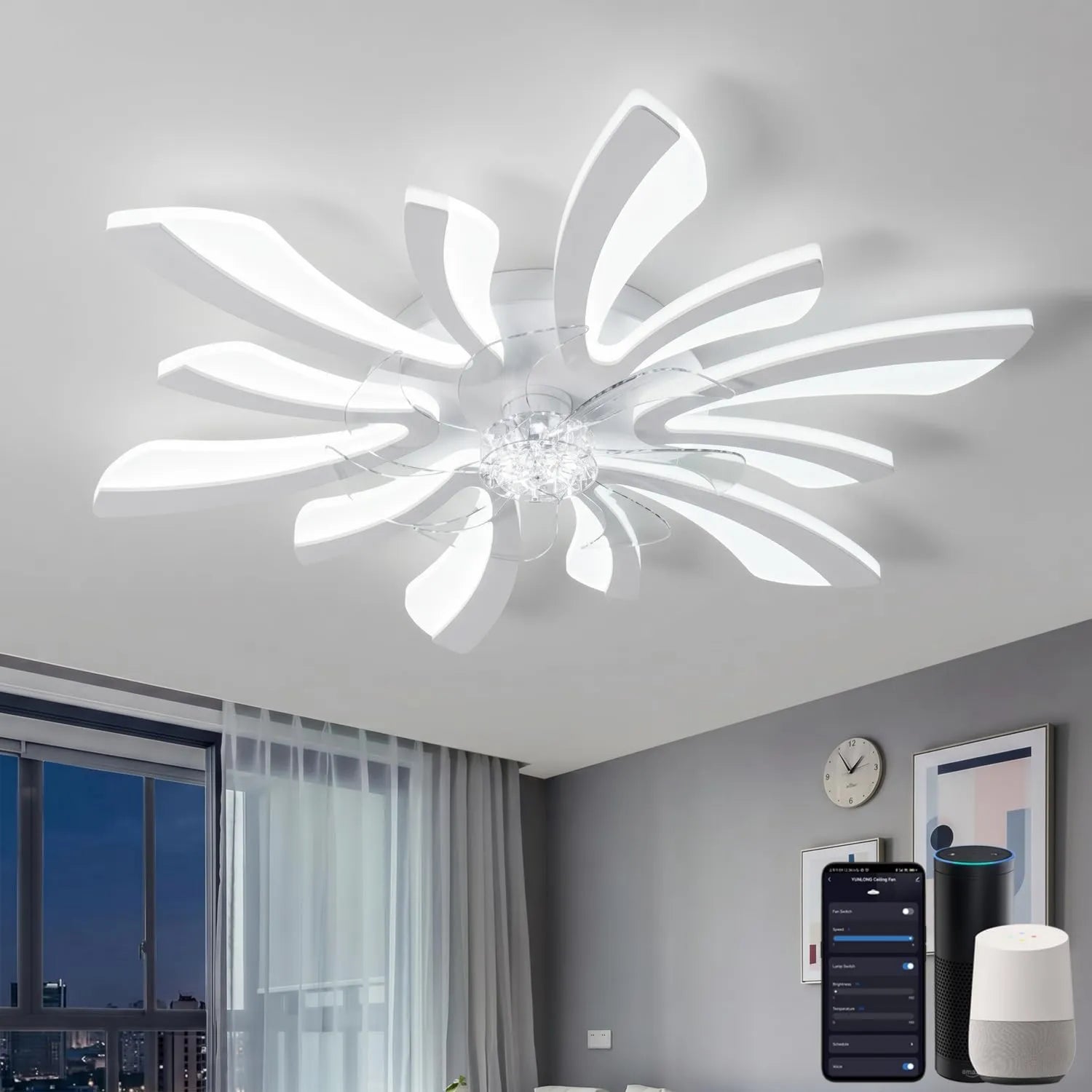 Leiser Deckenventilator mit Licht und WLAN, kompatibel mit Alexa und Google Home, ideal für Schlafzimmer und Küche, Steuerung per Sprachbefehl, Fernbedienung und App
