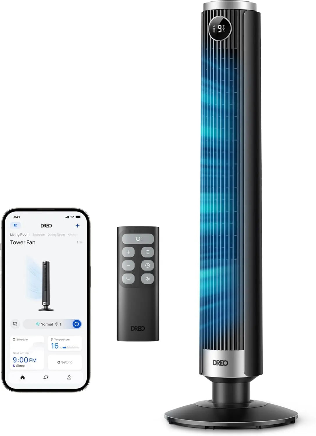 DREO Höhenverstellbarer Turmventilator mit Smart-Technologie, 102–114 cm, 8,4 m/s, DC-Motor, 9 Geschwindigkeiten, 4 Modi, 90° Oszillation, leise bei 20 dB, 12-Stunden-Timer, kompatibel mit Google/Alexa