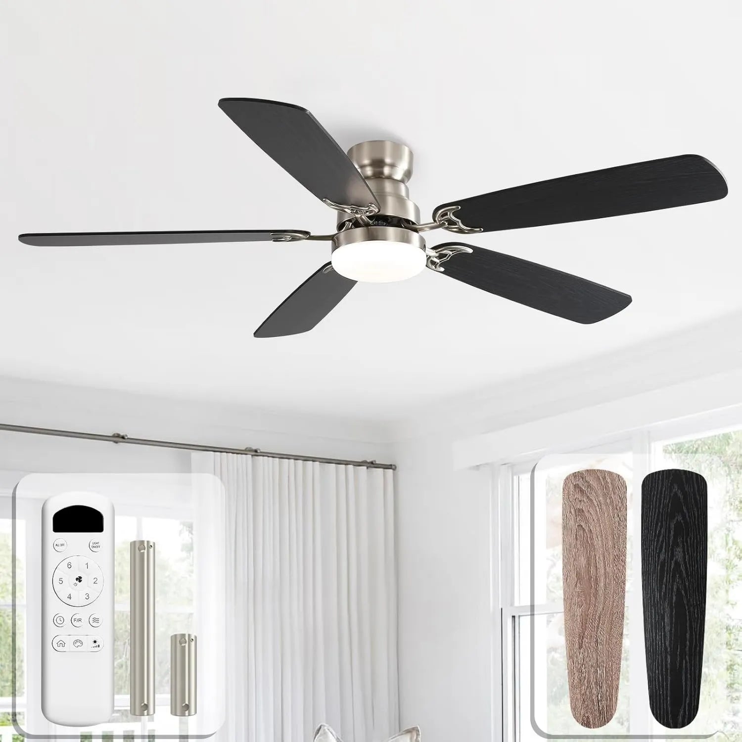 Leiser 132 cm Deckenventilator mit Licht & Fernbedienung, 5 Flügel, DC Motor, 3 Farbmodi, 6 Geschwindigkeiten, Sommer- & Winterbetrieb